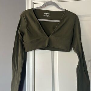 Garage Army Green Ribbed Long Sleeve Crop Top